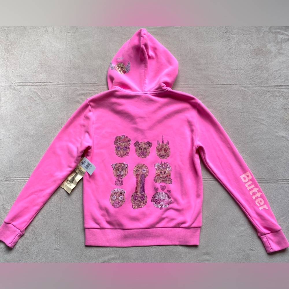 BUTTER Girls Fleece Emoji Jacket, XL 14 Hood, Cotton Candy Pink, Thumb Holes NWT